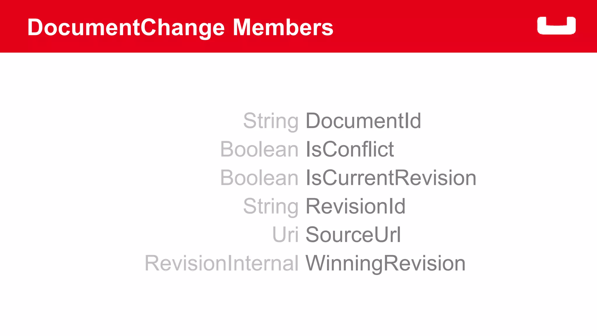 DocumentChange Members 
String 
Boolean 
Boolean 
String 
Uri 
RevisionInternal 
DocumentId 
IsConflict 
IsCurrentRevision 
RevisionId 
SourceUrl 
WinningRevision 
 