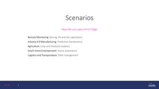 Scenarios
Real life use cases of IoT Edge
Remote Monitoring: Mining, Oil and Gas operations
Industry 4.0 Manufacturing: Pr...