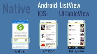 Native 
Android: ListView 
iOS: UITableView 
Walmart Amazon Instagram 
 