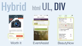Hybrid 
html UL, DIV 
Worth It EventAssist BeautyNow 
 