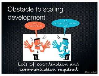 @crichardson 
Obstacle to scaling 
development 
I want 
to update the UI 
But 
the backend is not working 
yet! 
Lots of coordination and 
communication required 
 