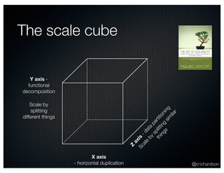 @crichardson 
The scale cube 
X axis 
- horizontal duplication 
Z axis - data partitioning 
Y axis - 
functional 
decomposition 
similar 
splitting by things 
Scale Scale by 
splitting 
different things 
 