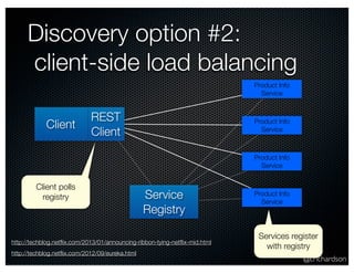 @crichardson 
Discovery option #2: 
client-side load balancing 
REST 
Client 
Product Info 
Service 
Product Info 
Service 
Product Info 
Service 
Product Info 
Service 
Client 
Service 
Registry 
Services register 
with registry 
Client polls 
registry 
http://techblog.netflix.com/2013/01/announcing-ribbon-tying-netflix-mid.html 
http://techblog.netflix.com/2012/09/eureka.html 
 