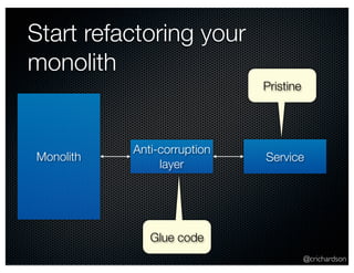 @crichardson 
Start refactoring your 
monolith 
Monolith Anti-corruption Service 
layer 
Glue code 
Pristine 
 