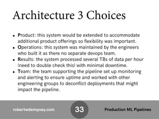 robertwdempsey.com Production ML Pipelines
Architecture 3 Choices
• Product: this system would be extended to accommodate
...