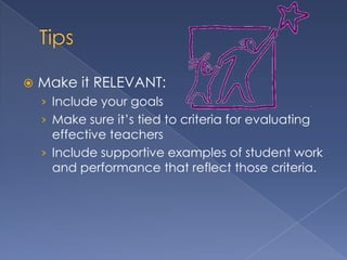    Make it RELEVANT:
    › Include your goals
    › Make sure it’s tied to criteria for evaluating
      effective teachers
    › Include supportive examples of student work
      and performance that reflect those criteria.
 