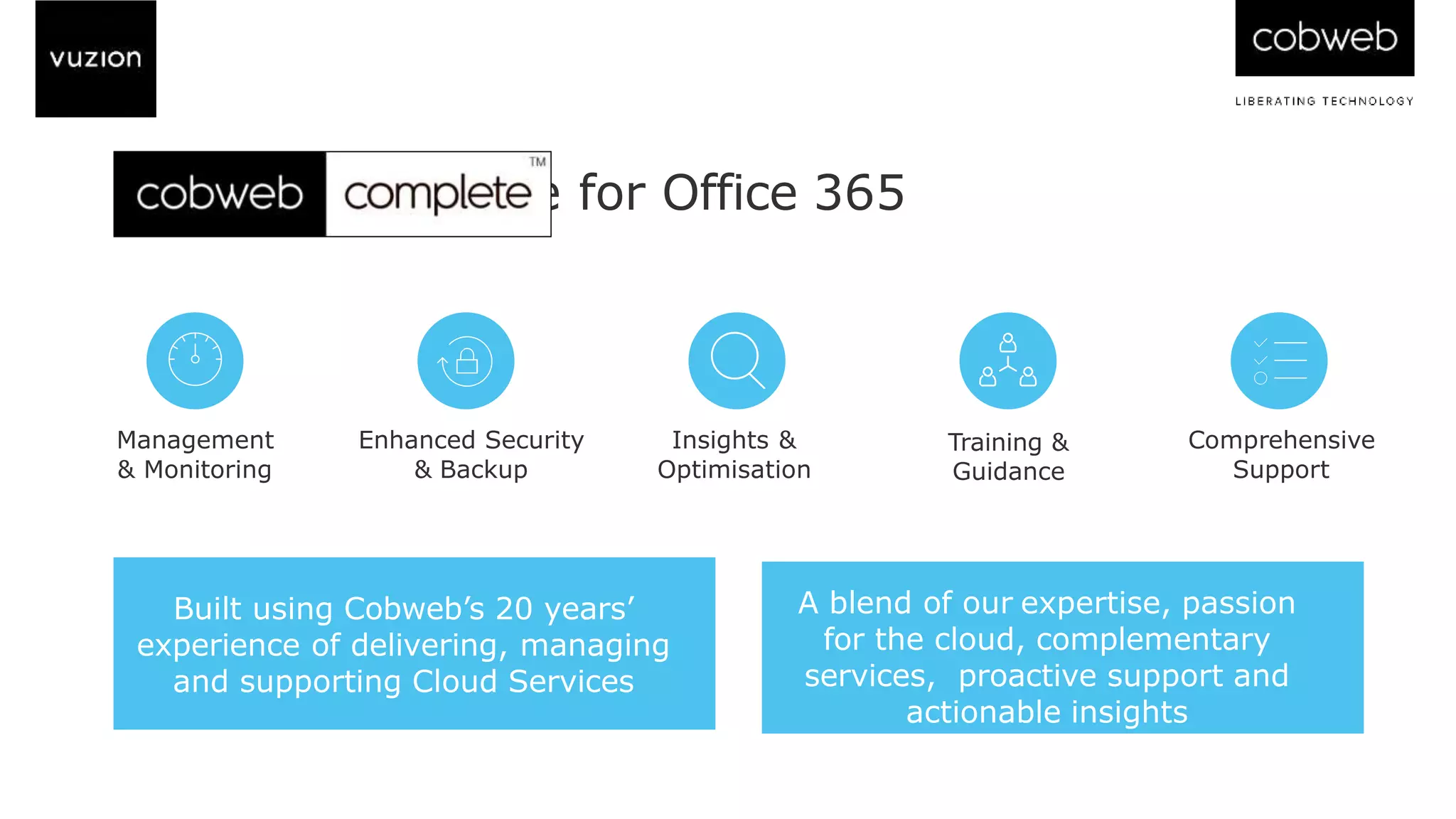 Cobweb Complete for Office 365
Built using Cobweb’s 20 years’
experience of delivering, managing
and supporting Cloud Services
A blend of our expertise, passion
for the cloud, complementary
services, proactive support and
actionable insights
Management
& Monitoring
Enhanced Security
& Backup
Insights &
Optimisation
Training &
Guidance
Comprehensive
Support
