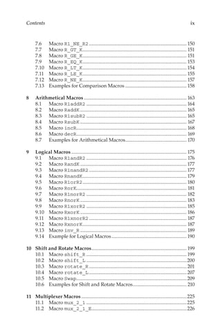ix
Contents
7.6	Macro R1_NE_R2...............................................................................150
7.7	Macro R_GT_K.................................................................................... 151
7.8	Macro R_GE_K.................................................................................... 151
7.9	Macro R_EQ_K....................................................................................153
7.10	Macro R_LT_K....................................................................................154
7.11	Macro R_LE_K....................................................................................155
7.12	Macro R_NE_K.................................................................................... 157
7.13	 Examples for Comparison Macros..................................................158
8		 Arithmetical Macros................................................................................... 163
8.1	Macro R1addR2.................................................................................164
8.2	Macro RaddK...................................................................................... 165
8.3	Macro R1subR2................................................................................. 165
8.4	Macro RsubK...................................................................................... 167
8.5	Macro incR......................................................................................... 168
8.6	Macro decR......................................................................................... 169
8.7	 Examples for Arithmetical Macros.................................................. 170
9		 Logical Macros............................................................................................. 175
9.1	Macro R1andR2................................................................................. 176
9.2	Macro RandK......................................................................................177
9.3	Macro R1nandR2...............................................................................177
9.4	Macro RnandK.................................................................................... 179
9.5	Macro R1orR2....................................................................................180
9.6	Macro RorK......................................................................................... 181
9.7	Macro R1norR2................................................................................. 182
9.8	Macro RnorK......................................................................................183
9.9	Macro R1xorR2.................................................................................185
9.10	Macro RxorK...................................................................................... 186
9.11	Macro R1xnorR2............................................................................... 187
9.12	Macro RxnorK.................................................................................... 187
9.13	Macro inv_R...................................................................................... 189
9.14	 Example for Logical Macros.............................................................190
10		 Shift and Rotate Macros.............................................................................199
10.1	Macro shift_R.................................................................................199
10.2	Macro shift_L.................................................................................200
10.3	Macro rotate_R...............................................................................201
10.4	Macro rotate_L...............................................................................207
10.5	Macro Swap.........................................................................................209
10.6	 Examples for Shift and Rotate Macros............................................ 210
11		 Multiplexer Macros.....................................................................................225
11.1	Macro mux_2_1.................................................................................225
11.2	Macro mux_2_1_E.............................................................................226
 