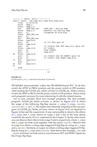 89
Flip-Flop Macros
PIC16F648A microcontroller within the PIC16F648A-based PLC. To do this,
switch the 4PDT in PROG position and the power switch in OFF position.
After loading the UZAM_plc_16i16o_ex5.hex or UZAM_plc_16i16o_ex6.hex,
switch the 4PDT in RUN and the power switch in ON position. Please check
each program’s accuracy by cross-referencing it with the related macros.
Let us now consider these two example programs: The first example
program, UZAM_plc_16i16o_ex5.asm, is shown in Figure  4.12. It shows
the usage of the following flip-flop macros: r_edge, f_edge, latch1,
latch0, dff_r, dff_f. The ladder and schematic diagrams of the user pro-
gram of UZAM_plc_16i16o_ex5.asm, shown in Figure 4.12, are depicted in
Figure 4.13(a) and (b), respectively. It may not possible to observe the effects
of r_edge and f_edge shown in rungs 1 and 2 due to the time delays
caused by the macro HC595, explained in the Chapter 2. On the other hand,
you can observe their effects from rungs 5 and 6, respectively, where r_edge
and f_edge are both used together with the macro latch1. Observe that
in rung 5 we obtain a rising edge triggered D flip-flop by using an r_edge
and a latch1. Similarly, in rung 6 we obtain a falling edge triggered D flip-
flop by using an f_edge and a latch1. Note that in this example, _set and
_reset functions are both used as asynchronous SET and RESET inputs for
the D type flip-flops.
(a)
FIGURE 4.11
(a) The macro jkff_f and (b) its flowchart. (Continued)
 