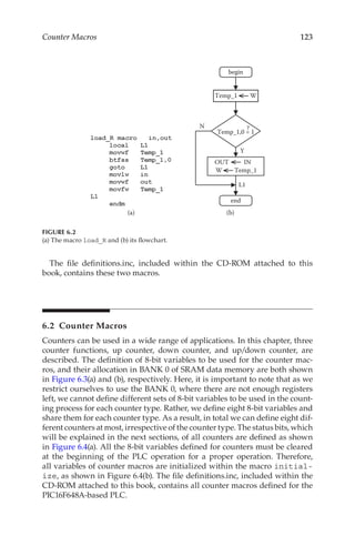 123
Counter Macros
The file definitions.inc, included within the CD-ROM attached to this
book, contains these two macros.
6.2  Counter Macros
Counters can be used in a wide range of applications. In this chapter, three
counter functions, up counter, down counter, and up/down counter, are
described. The definition of 8-bit variables to be used for the counter mac-
ros, and their allocation in BANK 0 of SRAM data memory are both shown
in Figure 6.3(a) and (b), respectively. Here, it is important to note that as we
restrict ourselves to use the BANK 0, where there are not enough registers
left, we cannot define different sets of 8-bit variables to be used in the count-
ing process for each counter type. Rather, we define eight 8-bit variables and
share them for each counter type. As a result, in total we can define eight dif-
ferent counters at most, irrespective of the counter type. The status bits, which
will be explained in the next sections, of all counters are defined as shown
in Figure 6.4(a). All the 8-bit variables defined for counters must be cleared
at the beginning of the PLC operation for a proper operation. Therefore,
all variables of counter macros are initialized within the macro initial-
ize, as shown in Figure 6.4(b). The file definitions.inc, included within the
CD-ROM attached to this book, contains all counter macros defined for the
PIC16F648A-based PLC.
Temp_1 W
Temp_1,0 = 1
Y
N
OUT IN
W Temp_1
L1
?
begin
end
(a) (b)
FIGURE 6.2
(a) The macro load_R and (b) its flowchart.
 