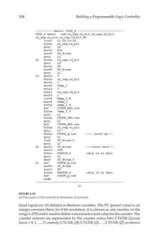 134 Building a Programmable Logic Controller
(load input) are all defined as Boolean variables. The PV (preset value) is an
integer constant (here, for 8-bit resolution, it is chosen as any number in the
range 1–255) and is used to define a maximum count value for the counter. The
counter outputs are represented by the counter status bits: CTUD8_Q,num
(num = 0, 1, …, 7), namely, CTUD8_Q0, CTUD8_Q1, …, CTUD8_Q7, as shown
(a)
FIGURE 6.10
(a) The macro CTUD8 and (b) its flowchart. (Continued)
 