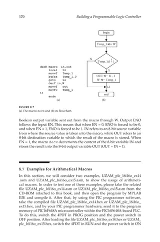 170 Building a Programmable Logic Controller
Boolean output variable sent out from the macro through W. Output ENO
follows the input EN. This means that when EN = 0, ENO is forced to be 0,
and when EN = 1, ENO is forced to be 1. IN refers to an 8-bit source variable
from where the source value is taken into the macro, while OUT refers to an
8-bit destination variable to which the result of the macro is stored. When
EN = 1, the macro decR decrements the content of the 8-bit variable IN and
stores the result into the 8-bit output variable OUT (OUT = IN – 1).
8.7  Examples for Arithmetical Macros
In this section, we will consider two examples, UZAM_plc_16i16o_ex14
.asm and UZAM_plc_16i16o_ex15.asm, to show the usage of arithmeti-
cal macros. In order to test one of these examples, please take the related
file UZAM_plc_16i16o_ex14.asm or UZAM_plc_16i16o_ex15.asm from the
CD-ROM attached to this book, and then open the program by MPLAB
IDE and compile it. After that, by using the PIC programmer software,
take the compiled file UZAM_plc_16i16o_ex14.hex or UZAM_plc_16i16o_
ex15.hex, and by your PIC programmer hardware, send it to the program
memory of PIC16F648A microcontroller within the PIC16F648A-based PLC.
To do this, switch the 4PDT in PROG position and the power switch in
OFF position. After loading the file UZAM_plc_16i16o_ex14.hex or UZAM_
plc_16i16o_ex15.hex, switch the 4PDT in RUN and the power switch in ON
Temp_1 W
Y
N
OUT R – 1
W Temp_1
L1
Temp_1,0 = 1
?
begin
end
(b)
(a)
FIGURE 8.7
(a) The macro decR and (b) its flowchart.
 