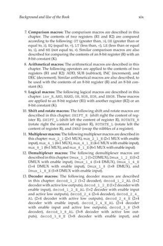 xix
Background and Use of the Book
	 7.	Comparison macros: The comparison macros are described in this
chapter. The contents of two registers (R1 and R2) are compared
according to the following: GT (greater than, >), GE (greater than or
equal to, ≥), EQ (equal to, =), LT (less than, <), LE (less than or equal
to, ≤), and NE (not equal to, ≠). Similar comparison macros are also
described for comparing the contents of an 8-bit register (R) with an
8-bit constant (K).
	 8.	Arithmetical macros: The arithmetical macros are described in this
chapter. The following operators are applied to the contents of two
registers (R1 and R2): ADD, SUB (subtract), INC (increment), and
DEC (decrement). Similar arithmetical macros are also described, to
be used with the contents of an 8-bit register (R) and an 8-bit con-
stant (K).
	9.	Logical macros: The following logical macros are described in this
chapter: inv_R, AND, NAND, OR, NOR, XOR, and XNOR. These macros
are applied to an 8-bit register (R1) with another register (R2) or an
8-bit constant (K).
	10.	Shift and rotate macros: The following shift and rotate macros are
described in this chapter: SHIFT_R (shift right the content of reg-
ister R), SHIFT_L (shift left the content of register R), ROTATE_R
(rotate right the content of register R), ROTATE_L (rotate left the
content of register R), and SWAP (swap the nibbles of a register).
	11.	 Multiplexer macros: The following multiplexer macros are described in
this chapter: mux_2_1 (2×1 MUX), mux_2_1_E (2×1 MUX with enable
input), mux_4_1 (4×1 MUX), mux_4_1_E (4×1 MUX with enable input),
mux_8_1 (8×1 MUX), and mux_8_1_E (8×1 MUX with enable input).
	12.	Demultiplexer macros: The following demultiplexer macros are
described in this chapter: Dmux_1_2 (1×2 DMUX), Dmux_1_2_E (1×2
DMUX with enable input), Dmux_1_4 (1×4 DMUX), Dmux_1_4_E
(1×4 DMUX with enable input), Dmux_1_8 (1×8 DMUX), and
Dmux_1_8_E (1×8 DMUX with enable input).
	13.	Decoder macros: The following decoder macros are described
in this chapter: decod_1_2 (1×2 decoder), decod_1_2_AL (1×2
decoder with active low outputs), decod_1_2_E (1×2 decoder with
enable input), decod_1_2_E_AL (1×2 decoder with enable input
and active low outputs), decod_2_4 (2×4 decoder), decod_2_4_
AL (2×4 decoder with active low outputs), decod_2_4_E (2×4
decoder with enable input), decod_2_4_E_AL (2×4 decoder
with enable input and active low outputs), decod_3_8 (3×8
decoder), decod_3_8_AL (3×8 decoder with active low out-
puts), decod_3_8_E (3×8 decoder with enable input), and
 