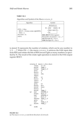 205
Shift and Rotate Macros
is stored. N represents the number of rotation, which can be any number in
1, 2, …, 7. When EN = 1, the macro rotate_R retrieves the 8-bit input data
from RIN and rotates the bits of RIN toward right as many numbers as speci-
fied by N. The result of the rotate right operation is stored in the 8-bit output
register ROUT.
TABLE 10.3
Algorithm and Symbol of the Macro rotate_R
Algorithm Symbol
if EN = 1 then
ROUT = N times rotate right(RIN);
ENO = 1;
else ENO = 0;
end if;
EN ENO
RIN ROUT
W W
ROTATE_R
N
RIN, ROUT (8 bit register)
N (number of rotation) = 1,2, ..., 7
EN (through W) = 0 or 1
EN0 (through W) = 0 or 1
Algorithm and Symbol of the Macro rotate _ R
(a)
FIGURE 10.4
(a) The macro rotate_R and (b) its flowchart. (Continued)
 