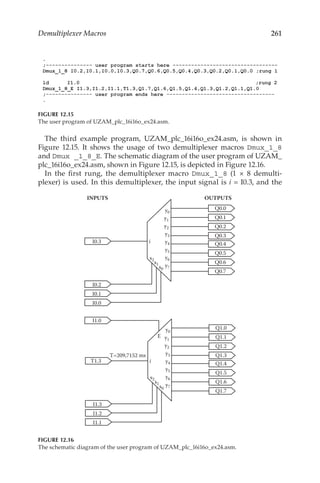 261
Demultiplexer Macros
The third example program, UZAM_plc_16i16o_ex24.asm, is shown in
Figure  12.15. It shows the usage of two demultiplexer macros Dmux_1_8
and Dmux _1_8_E. The schematic diagram of the user program of UZAM_
plc_16i16o_ex24.asm, shown in Figure 12.15, is depicted in Figure 12.16.
In the first rung, the demultiplexer macro Dmux_1_8 (1 × 8 demulti-
plexer) is used. In this demultiplexer, the input signal is i = I0.3, and the
FIGURE 12.15
The user program of UZAM_plc_16i16o_ex24.asm.
I0.2
Q0.0
Q0.1
Q0.2
Q0.3
I0.1
Q0.4
Q0.5
Q0.6
Q0.7
y0
s2
s1
s0
y1
y2
y3
y4
y5
y6
y7
y0
s2
s1
s0
y1
y2
y3
y4
y5
y6
y7
i
I0.0
E
I1.3
I1.0
Q1.0
Q1.1
Q1.2
Q1.3
I1.2
Q1.4
Q1.5
Q1.6
Q1.7
i
I1.1
T1.3
T=209,7152 ms
I0.3
INPUTS OUTPUTS
FIGURE 12.16
The schematic diagram of the user program of UZAM_plc_16i16o_ex24.asm.
 