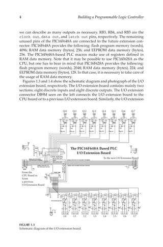 4 Building a Programmable Logic Controller
we can describe as many outputs as necessary. RB3, RB4, and RB5 are the
clock out, data out, and latch out pins, respectively. The remaining
unused pins of the PIC16F648A are connected to the future extension con-
nector. PIC16F648A provides the following: flash program memory (words),
4096; RAM data memory (bytes), 256; and EEPROM data memory (bytes),
256. The PIC16F648A-based PLC macros make use of registers defined in
RAM data memory. Note that it may be possible to use PIC16F628A as the
CPU, but one has to bear in mind that PIC16F628A provides the following:
flash program memory (words), 2048; RAM data memory (bytes), 224; and
EEPROM data memory (bytes), 128. In that case, it is necessary to take care of
the usage of RAM data memory.
Figures 1.3 and 1.4 show the schematic diagram and photograph of the I/O
extension board, respectively. The I/O extension board contains mainly two
sections: eight discrete inputs and eight discrete outputs. The I/O extension
connector DB9M seen on the left connects the I/O extension board to the
CPU board or to a previous I/O extension board. Similarly, the I/O extension
Q.0 Q.1 Q.2 Q.3 Q.4 Q.5 Q.6 Q.7
I.0 I.1 I.2 I.3 I.4 I.5 I.6 I.7
The PIC16F648A Based PLC
I/O Extension Board
From the
CPU Board or
From
a previous
I/O Extension Board
TPIC6B595 To the next I/O Extension Board
FIGURE 1.3
Schematic diagram of the I/O extension board.
 