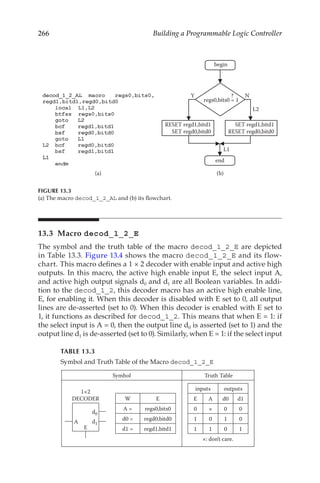266 Building a Programmable Logic Controller
13.3 Macro decod_1_2_E
The symbol and the truth table of the macro decod_1_2_E are depicted
in Table 13.3. Figure 13.4 shows the macro decod_1_2_E and its flow-
chart. This macro defines a 1 × 2 decoder with enable input and active high
outputs. In this macro, the active high enable input E, the select input A,
and active high output signals d0 and d1 are all Boolean variables. In addi-
tion to the decod_1_2, this decoder macro has an active high enable line,
E, for enabling it. When this decoder is disabled with E set to 0, all output
lines are de-asserted (set to 0). When this decoder is enabled with E set to
1, it functions as described for decod_1_2. This means that when E = 1: if
the select input is A = 0, then the output line d0 is asserted (set to 1) and the
output line d1 is de-asserted (set to 0). Similarly, when E = 1: if the select input
Y N
regs0,bits0 = 1
?
L1
L2
RESET regd1,bitd1
SET regd0,bitd0
SET regd1,bitd1
RESET regd0,bitd0
begin
end
(b)
(a)
FIGURE 13.3
(a) The macro decod_1_2_AL and (b) its flowchart.
TABLE 13.3
Symbol and Truth Table of the Macro decod_1_2_E
Symbol Truth Table
A
E
d0
d1
1×2
DECODER W E
A = regs0,bits0
d0 = regd0,bitd0
d1 = regd1,bitd1
inputs outputs
E A d0 d1
0 × 0 0
1 0 1 0
1 1 0 1
×: don’t care.
Symbol and Truth Table of the Macro decod _ 1_ 2 _ E
 