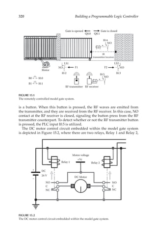 320 Building a Programmable Logic Controller
is a button. When this button is pressed, the RF waves are emitted from
the transmitter, and they are received from the RF receiver. In this case, NO
contact at the RF receiver is closed, signaling the button press from the RF
transmitter counterpart. To detect whether or not the RF transmitter button
is pressed, the PLC input I0.5 is utilized.
The DC motor control circuit embedded within the model gate system
is depicted in Figure 15.2, where there are two relays, Relay 1 and Relay 2,
NO
DC Motor
NC
C
NO
24 V
DC
Relay 1 Relay 2
Motor voltage
+Vc
+
–
NC
C
FIGURE 15.2
The DC motor control circuit embedded within the model gate system.
B0
B1
I0.0
Motor
RF transmitter RF receiver
NO
NO
NO
I0.5
F2
F1
I0.3
I0.4
Q0.1
Q0.0
Gate is opened Gate is closed
NO
I0.2
LS2
IR
transmitter/receiver
LS1
I0.1
FIGURE 15.1
The remotely controlled model gate system.
 