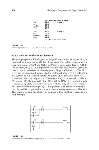 326 Building a Programmable Logic Controller
15.3.4  Solution for the Fourth Scenario
The user program of UZAM_plc_16i16o_ex37.asm, shown in Figure 15.10, is
provided as a solution for the fourth scenario. The ladder diagram of the
user program of UZAM_plc_16i16o_ex37.asm is depicted in Figure 15.11. In
this example, once B0 (I0.0) is pressed, with the help of NO contact Q0.0 con-
nected parallel to NO contact I0.0, the gate will open (Q0.0 will be ON). Here,
when the gate is opened completely, the motor will stop with the help of the
NC contact of I0.2 inserted before the output Q0.0. Similarly, once B1 (I0.1)
is pressed, with the help of the NO contact of Q0.1 connected parallel to
NO contact I0.1, the gate will close (Q0.1 will be ON). Here, when the gate
is closed completely, the motor will stop with the help of the NC contact of
I0.3 inserted before the output Q0.1. The problem with this example is that if
both B0 and B1 are pressed at the same time, then both outputs will be ON.
This is not a desired situation. The solution to this problem is given in the
next example.
FIGURE 15.10
The user program of UZAM_plc_16i16o_ex37.asm.
1 ( )
I 0.0 Q 0.0
Q0.0
I 0.2
2 ( )
I 0.1 Q0.1
Q 0.1
I 0.3
FIGURE 15.11
The ladder diagram of the user program of UZAM_plc_16i16o_ex37.asm.
 