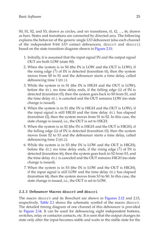 25
Basic Software
S0, S1, S2, and S3, drawn as circles, and six transitions, t1, t2, …, t6, drawn
as bars. States and transitions are connected by directed arcs. The following
explains the behavior of the generic single I/O debouncer (also each channel
of the independent 8-bit I/O contact debouncers, dbncr0 and dbncr1)
based on the state transition diagram shown in Figure 2.11:
	 1.	Initially, it is assumed that the input signal IN and the output signal
OUT are both LOW (state S0).
	 2.	When the system is in S0 (the IN is LOW and the OUT is LOW), if
the rising edge (↑) of IN is detected (transition t1), then the system
moves from S0 to S1 and the debouncer starts a time delay, called
debouncing time 1 (dt1).
	 3.	While the system is in S1 (the IN is HIGH and the OUT is LOW),
before the dt1 ms time delay ends, if the falling edge (↓) of IN is
detected (transition t5), then the system goes back to S0 from S1, and
the time delay dt1 is canceled and the OUT remains LOW (no state
change is issued).
	 4.	When the system is in S1 (the IN is HIGH and the OUT is LOW), if
the input signal is still HIGH and the time delay dt1 has elapsed
(transition t2), then the system moves from S1 to S2. In this case, the
state change is issued, i.e., the OUT is set to HIGH.
	 5.	When the system is in S2 (the IN is HIGH and the OUT is HIGH), if
the falling edge (↓) of IN is detected (transition t3), then the system
moves from S2 to S3 and the debouncer starts a time delay, called
debouncing time 2 (dt2).
	 6.	While the system is in S3 (the IN is LOW and the OUT is HIGH),
before the dt2 ms time delay ends, if the rising edge (↑) of IN is
detected (transition t6), then the system goes back to S2 from S3, and
the time delay dt2 is canceled and the OUT remains HIGH (no state
change is issued).
	 7.	When the system is in S3 (the IN is LOW and the OUT is HIGH),
if the input signal is still LOW and the time delay dt2 has elapsed
(transition t4), then the system moves from S3 to S0. In this case, the
state change is issued, i.e., the OUT is set to LOW.
2.2.3  Debouncer Macros dbncr0 and dbncr1
The macro dbncr0 and its flowchart are shown in Figures 2.12 and 2.13,
respectively. Table 2.1 shows the schematic symbol of the macro dbncr0.
The detailed timing diagram of one channel of this debouncer is provided
in Figure  2.14. It can be used for debouncing eight independent buttons,
switches, relay or contactor contacts, etc. It is seen that the output changes its
state only after the input becomes stable and waits in the stable state for the
 