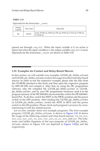 59
Contact and Relay-Based Macros
passed out through reg,bit. When the input variable is 0, no action is
taken, but when the input variable is 1, the output variable reg,bit is reset.
Operands for the instruction _reset are shown in Table 3.35.
3.19  Examples for Contact and Relay-Based Macros
In this section, we will consider two examples, UZAM_plc_16i16o_ex3.asm
and UZAM_plc_16i16o_ex4.asm, to show the usage of contact and relay-based
macros. In order to test the respective example, please take the files from
the CD-ROM attached to this book and then open the respective program
by MPLAB IDE and compile it. After that, by using the PIC programmer
software, take the compiled file UZAM_plc_16i16o_ex3.hex or UZAM_
plc_16i16o_ex4.hex, and by your PIC programmer hardware send it to the
program memory of the PIC16F648A microcontroller within the PIC16F648A-
based PLC. To do this, switch the 4PDT in the PROG position and the power
switch in the OFF position. After loading the UZAM_plc_16i16o_ex3.hex
or UZAM_plc_16i16o_ex4.hex, switch the 4PDT in RUN and the power
switch in the ON position. Please check each program’s accuracy by cross-
referencing it with the related macros.
Let us now consider these two example programs: The first example
program, UZAM_plc_16i16o_ex3.asm, is shown in Figure 3.19. It shows
the usage of the following contact and relay-based macros: ld, ld_not,
not, out, out_not, in_out, inv_out, or, or_not, and nor. The sche-
matic and ladder diagrams of the user program of UZAM_plc_16i16o_
ex3.asm, shown in Figure  3.19, are depicted in Figure  3.20(a) and (b),
respectively.
TABLE 3.35
Operands for the Instruction _reset
Output
(reg,bit)
Data Type Operands
Bit BOOL
Q, M, TON8_Q, TOF8_Q, TP8_Q, TOS8_Q, CTU8_Q, CTD8_Q,
CTUD8_Q
 
