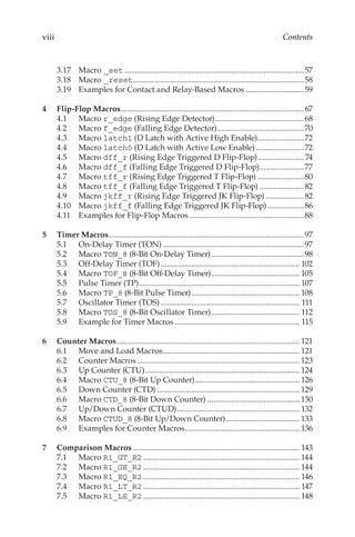 viii Contents
3.17	Macro _set..........................................................................................57
3.18	Macro _reset......................................................................................58
3.19	 Examples for Contact and Relay-Based Macros..............................59
4		 Flip-Flop Macros............................................................................................67
4.1	Macro r_edge (Rising Edge Detector).............................................68
4.2	Macro f_edge (Falling Edge Detector)............................................70
4.3	Macro latch1 (D Latch with Active High Enable)........................72
4.4	Macro latch0 (D Latch with Active Low Enable).........................72
4.5	Macro dff_r (Rising Edge Triggered D Flip-Flop)........................ 74
4.6	Macro dff_f (Falling Edge Triggered D Flip-Flop).......................77
4.7	Macro tff_r (Rising Edge Triggered T Flip-Flop)........................80
4.8	Macro tff_f (Falling Edge Triggered T Flip-Flop).......................82
4.9	Macro jkff_r (Rising Edge Triggered JK Flip-Flop)....................82
4.10	Macro jkff_f (Falling Edge Triggered JK Flip-Flop)...................86
4.11	 Examples for Flip-Flop Macros..........................................................88
5		 Timer Macros..................................................................................................97
5.1	 On-Delay Timer (TON).......................................................................97
5.2	Macro TON_8 (8-Bit On-Delay Timer)...............................................98
5.3	 Off-Delay Timer (TOF)...................................................................... 102
5.4	Macro TOF_8 (8-Bit Off-Delay Timer)............................................. 105
5.5	 Pulse Timer (TP)................................................................................. 107
5.6	Macro TP_8 (8-Bit Pulse Timer)....................................................... 108
5.7	 Oscillator Timer (TOS)...................................................................... 111
5.8	Macro TOS_8 (8-Bit Oscillator Timer)............................................. 112
5.9	 Example for Timer Macros............................................................... 115
6		 Counter Macros............................................................................................ 121
6.1	 Move and Load Macros..................................................................... 121
6.2	 Counter Macros..................................................................................123
6.3	 Up Counter (CTU).............................................................................. 124
6.4	Macro CTU_8 (8-Bit Up Counter).....................................................126
6.5	 Down Counter (CTD)........................................................................129
6.6	Macro CTD_8 (8-Bit Down Counter)...............................................130
6.7	 Up/Down Counter (CTUD).............................................................. 132
6.8	Macro CTUD_8 (8-Bit Up/Down Counter)......................................133
6.9	 Examples for Counter Macros..........................................................136
7		 Comparison Macros.................................................................................... 143
7.1	Macro R1_GT_R2............................................................................... 144
7.2	Macro R1_GE_R2............................................................................... 144
7.3	Macro R1_EQ_R2............................................................................... 146
7.4	Macro R1_LT_R2............................................................................... 147
7.5	Macro R1_LE_R2............................................................................... 148
 