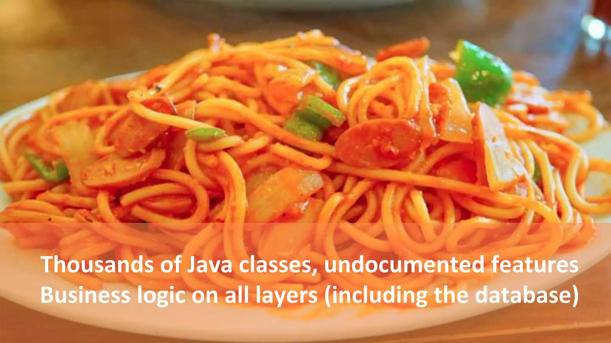 Thousands of Java classes, undocumented features
Business logic on all layers (including the database)
 