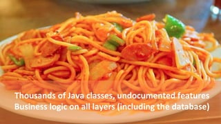Thousands of Java classes, undocumented features
Business logic on all layers (including the database)
 