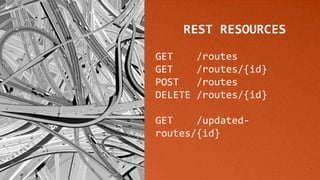 REST RESOURCES
GET /routes
GET /routes/{id}
POST /routes
DELETE /routes/{id}
GET /updated-
routes/{id}
 