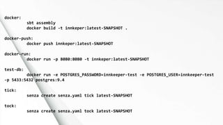 docker:
sbt assembly
docker build -t innkeper:latest-SNAPSHOT .
docker-push:
docker push innkeper:latest-SNAPSHOT
docker-run:
docker run -p 8080:8080 -t innkeper:latest-SNAPSHOT
test-db:
docker run -e POSTGRES_PASSWORD=innkeeper-test -e POSTGRES_USER=innkeeper-test
-p 5433:5432 postgres:9.4
tick:
senza create senza.yaml tick latest-SNAPSHOT
tock:
senza create senza.yaml tock latest-SNAPSHOT
 