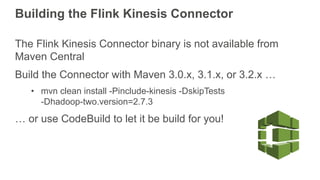 Building  the  Flink  Kinesis  Connector
The  Flink Kinesis  Connector  binary  is  not  available  from  
Maven  Central
...