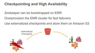 Checkpointing and  High  Availability
Zookeeper  can  be  bootstrapped  on  EMR
Overprovision  the  EMR  cluster  for  fas...