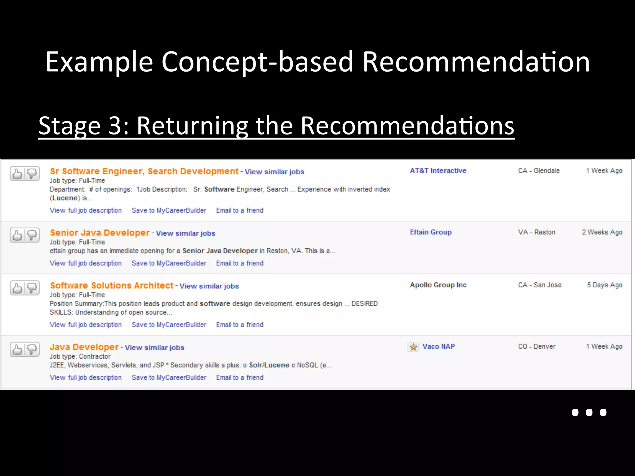 Example	
  Concept-­‐based	
  Recommenda@on	
  
Stage	
  3:	
  Returning	
  the	
  Recommenda@ons	
  




                                                        …	
  
 
