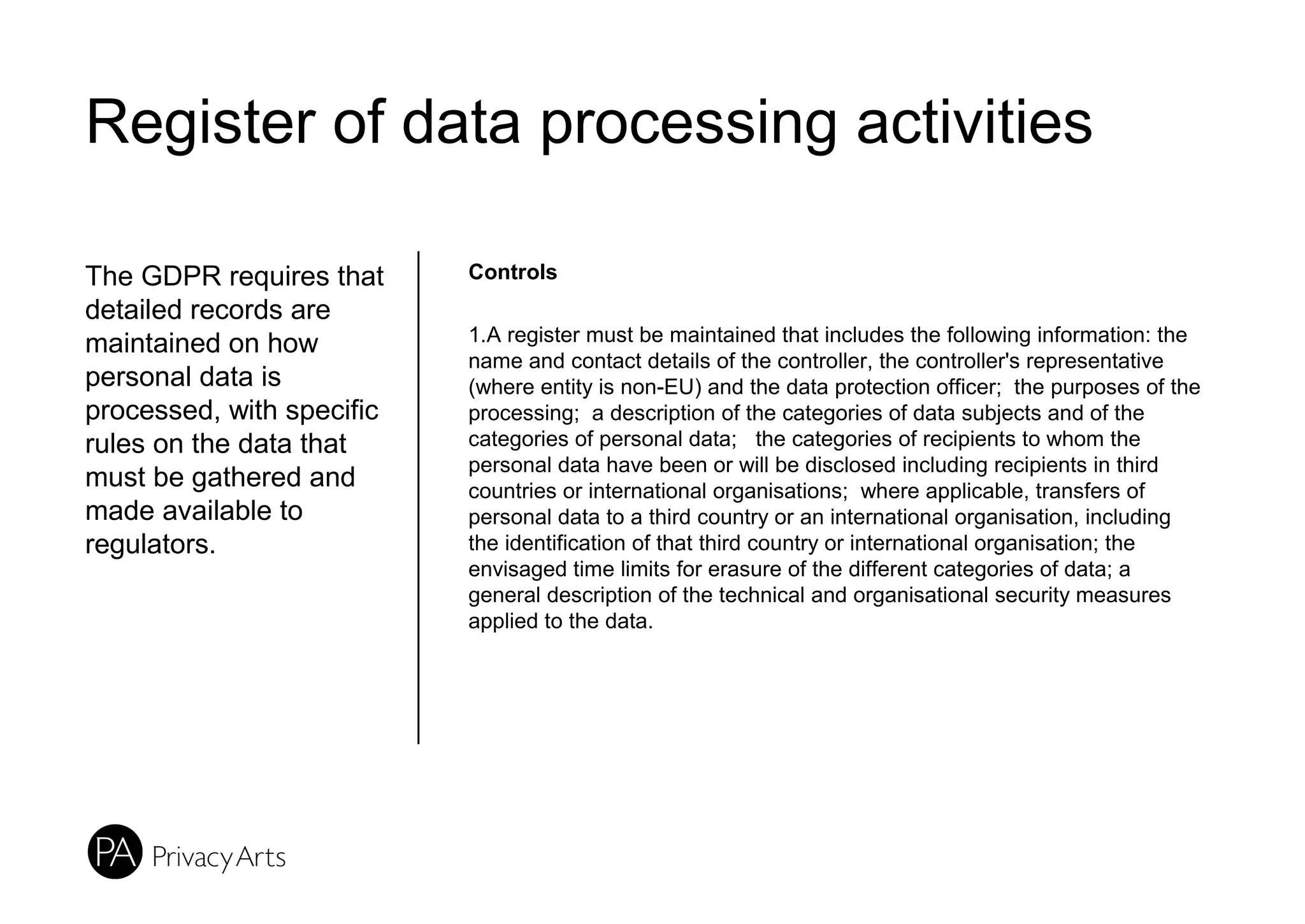 Register of data processing activities
The GDPR requires that
detailed records are
maintained on how
personal data is
processed, with specific
rules on the data that
must be gathered and
made available to
regulators.
Controls
1.A register must be maintained that includes the following information: the
name and contact details of the controller, the controller's representative
(where entity is non-EU) and the data protection officer; the purposes of the
processing; a description of the categories of data subjects and of the
categories of personal data; the categories of recipients to whom the
personal data have been or will be disclosed including recipients in third
countries or international organisations; where applicable, transfers of
personal data to a third country or an international organisation, including
the identification of that third country or international organisation; the
envisaged time limits for erasure of the different categories of data; a
general description of the technical and organisational security measures
applied to the data.
 