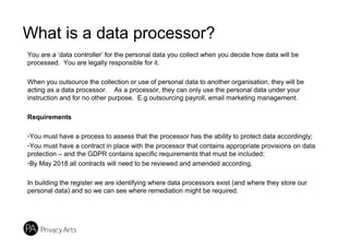 What is a data processor?
You are a ‘data controller’ for the personal data you collect when you decide how data will be
processed. You are legally responsible for it.
When you outsource the collection or use of personal data to another organisation, they will be
acting as a data processor. As a processor, they can only use the personal data under your
instruction and for no other purpose. E.g outsourcing payroll, email marketing management.
Requirements
-You must have a process to assess that the processor has the ability to protect data accordingly;
-You must have a contract in place with the processor that contains appropriate provisions on data
protection – and the GDPR contains specific requirements that must be included;
-By May 2018 all contracts will need to be reviewed and amended according.
In building the register we are identifying where data processors exist (and where they store our
personal data) and so we can see where remediation might be required.
 