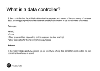 What is a data controller?
A data controller has the ability to determine the purposes and means of the processing of personal
data. Sharing your personal data with them therefore also needs to be assessed for lawfulness.
Examples:
•HMRC
•Courts
•Other group entities (depending on the purposes for data sharing)
•Other corporates for their own marketing purposes
Actions
In the record keeping activity process we are identifying where data controllers exist and so we can
check that the sharing is lawful.
 