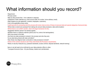 What information should you record?
•Department;
•Process owner;
•Step by step process flow – from collection to disposal;
•Categories of data collected (e.g. bank account data, NI number, home address, email);
•Data subjects (e.g job applicants, contacts, employees, customers);
•Link to the applicable privacy notice
•Lawful grounds for processing (and this process will involve close scrutiny of these) of personal data and special categories of personal data;
•Where data is stored and accessed from (taking into account data processors, data centre location)
•Where there is an ex-EEA* transfer, what is the legal mechanism for this;
•Suggested retention period if not already agreed;
•Whether there is a statutory retention period (and if so, what is the law/regulation)
•Who has access to the data;
•Are there any data processors involved in the process (and who they are);
•Is any data being shared with data controllers?
•Has infosec due diligence been conducted on data processors involved?;
•Check of the contract clauses to see if they meet Article 28 (Processor) requirements;
•Notes on security measures (e.g. password standards, access controls, disposal standards, relevant training)
Items in red will need to be confirmed by your data protection officer or other.
* European Economic Area – EU plus Norway, Iceland and Liechteinstein.
 
