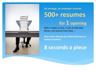 On average, an employer receives
500+ resumes
for 1 opening
With 2 weeks to hire, 2 sets of interview
blocks, and second interviews …
How much time do you think they have to
review resumes?
8 seconds a piece
 