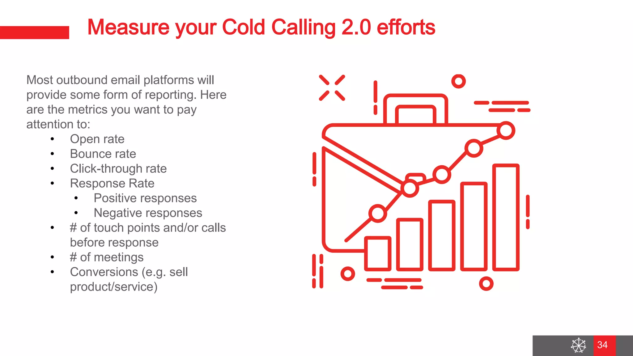 Wednesday, August 29, 2018
27
Measure your Cold Calling 2.0 efforts
Most outbound email platforms will
provide some form of reporting. Here
are the metrics you want to pay
attention to:
• Open rate
• Bounce rate
• Click-through rate
• Response Rate
• Positive responses
• Negative responses
• # of touch points and/or calls
before response
• # of meetings
• Conversions (e.g. sell
product/service)
34
 