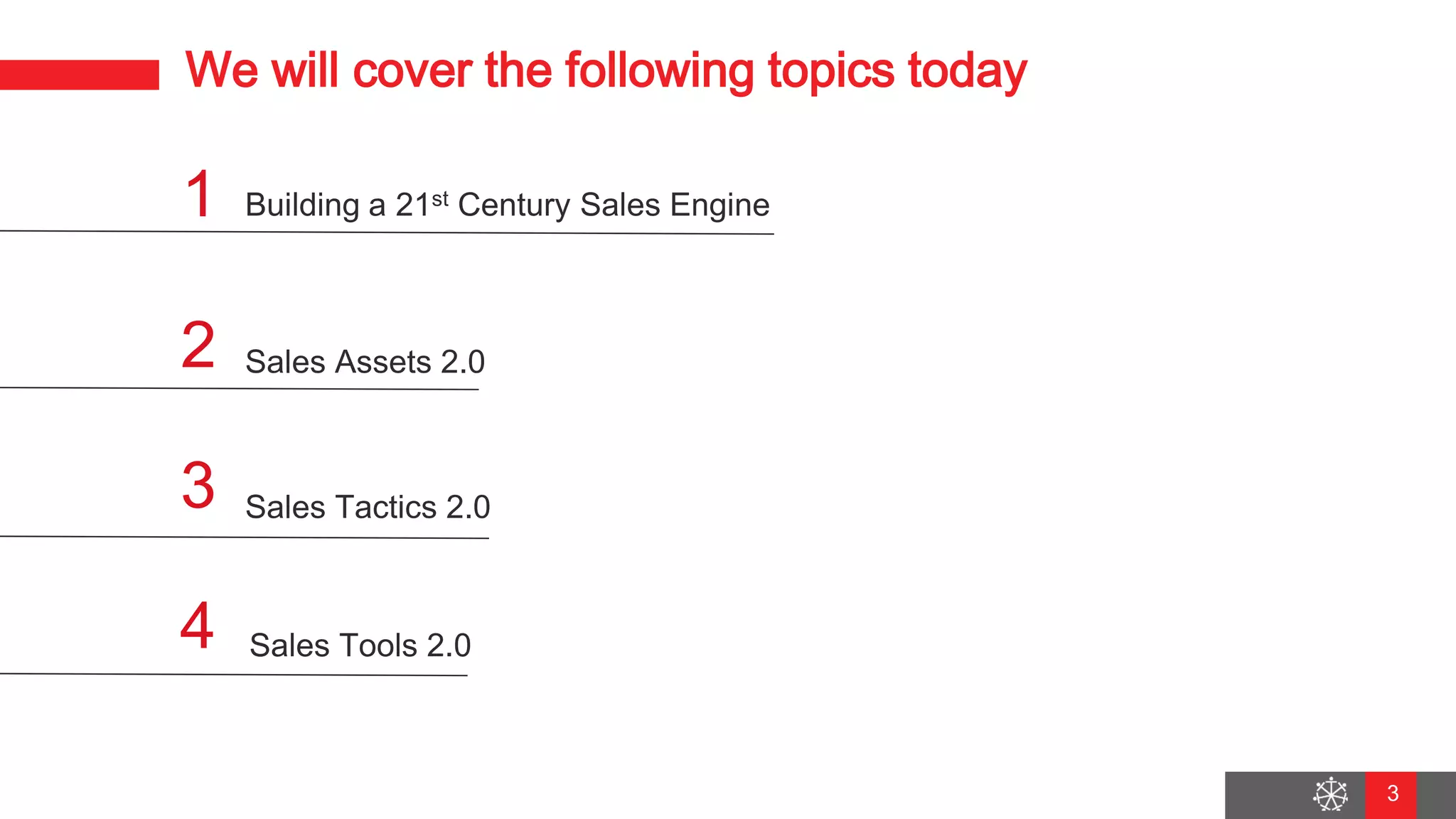 Wednesday, August 29, 2018
4
We will cover the following topics today
3
1
1
2
5
1
Building a 21st Century Sales Engine
Sales Assets 2.0
1
1
Sales Tactics 2.0
Sales Tools 2.0
3
4
 