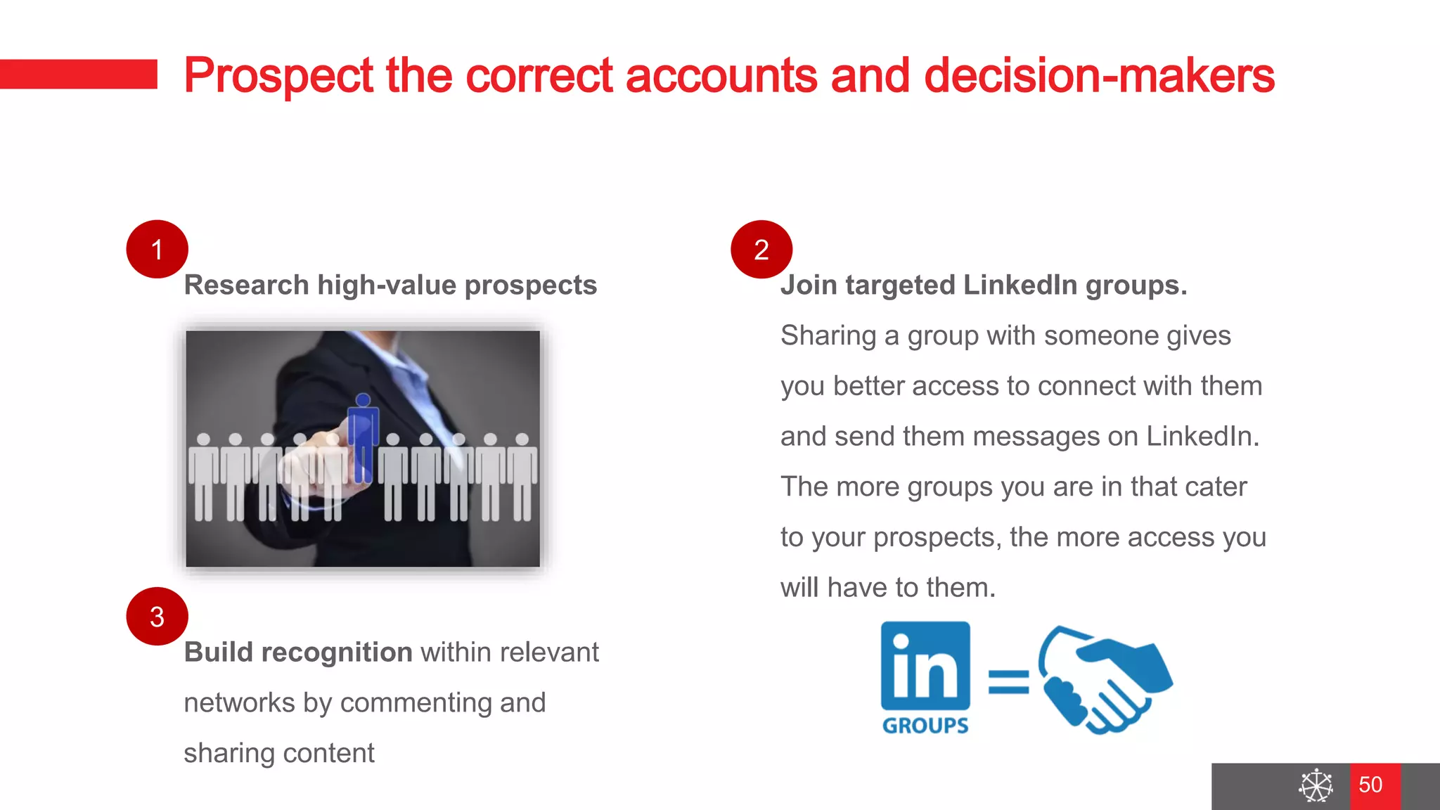 Wednesday, August 29, 2018
43
Prospect the correct accounts and decision-makers
Research high-value prospects Join targeted LinkedIn groups.
Sharing a group with someone gives
you better access to connect with them
and send them messages on LinkedIn.
The more groups you are in that cater
to your prospects, the more access you
will have to them.
Build recognition within relevant
networks by commenting and
sharing content
1
3
2
50
 