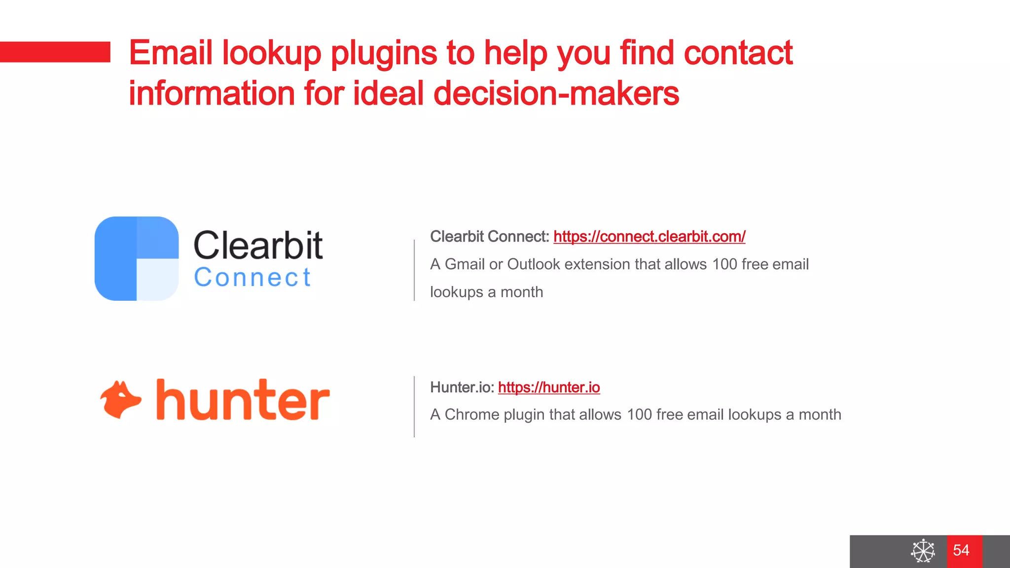 Wednesday, August 29, 2018
47
Email lookup plugins to help you find contact
information for ideal decision-makers
Clearbit Connect: https://connect.clearbit.com/
A Gmail or Outlook extension that allows 100 free email
lookups a month
Hunter.io: https://hunter.io
A Chrome plugin that allows 100 free email lookups a month
54
 