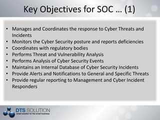 Key Objectives for SOC … (1)
• Manages and Coordinates the response to Cyber Threats and
Incidents
• Monitors the Cyber Security posture and reports deficiencies
• Coordinates with regulatory bodies
• Performs Threat and Vulnerability Analysis
• Performs Analysis of Cyber Security Events
• Maintains an Internal Database of Cyber Security Incidents
• Provide Alerts and Notifications to General and Specific Threats
• Provide regular reporting to Management and Cyber Incident
Responders
 