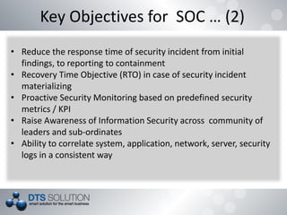 Key Objectives for SOC … (2)
• Reduce the response time of security incident from initial
findings, to reporting to containment
• Recovery Time Objective (RTO) in case of security incident
materializing
• Proactive Security Monitoring based on predefined security
metrics / KPI
• Raise Awareness of Information Security across community of
leaders and sub-ordinates
• Ability to correlate system, application, network, server, security
logs in a consistent way
 