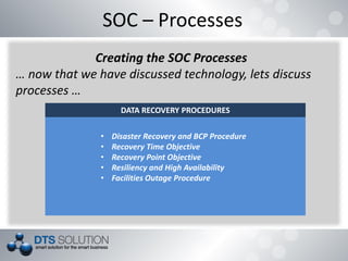 SOC – Processes
Creating the SOC Processes
… now that we have discussed technology, lets discuss
processes …
DATA RECOVERY PROCEDURES
• Disaster Recovery and BCP Procedure
• Recovery Time Objective
• Recovery Point Objective
• Resiliency and High Availability
• Facilities Outage Procedure
 