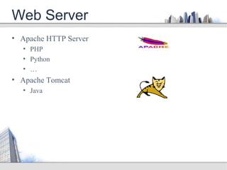 Web Server
• Apache HTTP Server
• PHP
• Python
• …
• Apache Tomcat
• Java
 