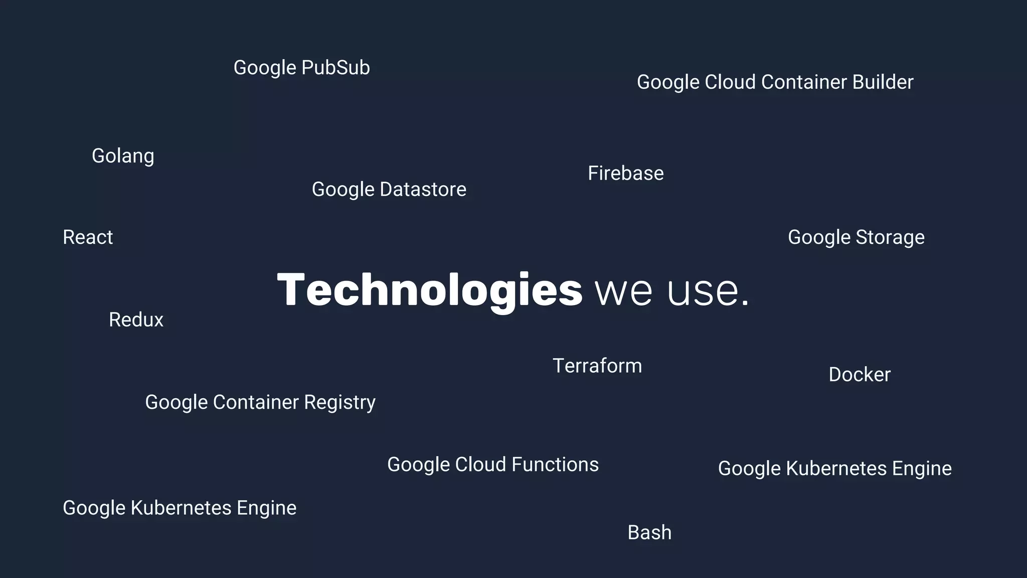 Technologies we use.
Golang
React
Terraform
Google Cloud Functions
Bash
Docker
Firebase
Google Cloud Container Builder
Google Datastore
Google Storage
Google Kubernetes Engine
Google Kubernetes Engine
Google Container Registry
Google PubSub
Redux
 