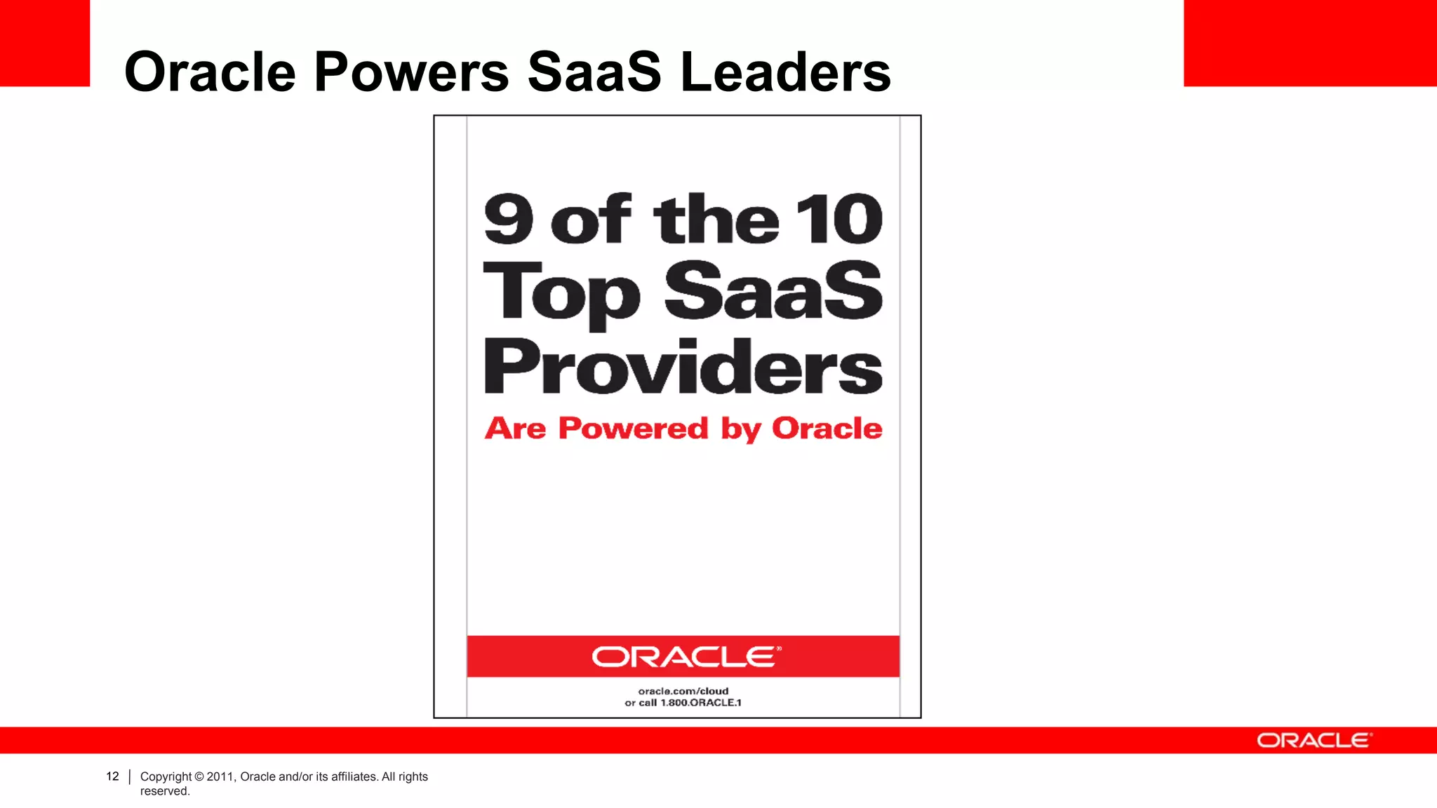 Oracle Powers SaaS Leaders




12   Copyright © 2011, Oracle and/or its affiliates. All rights
     reserved.
 