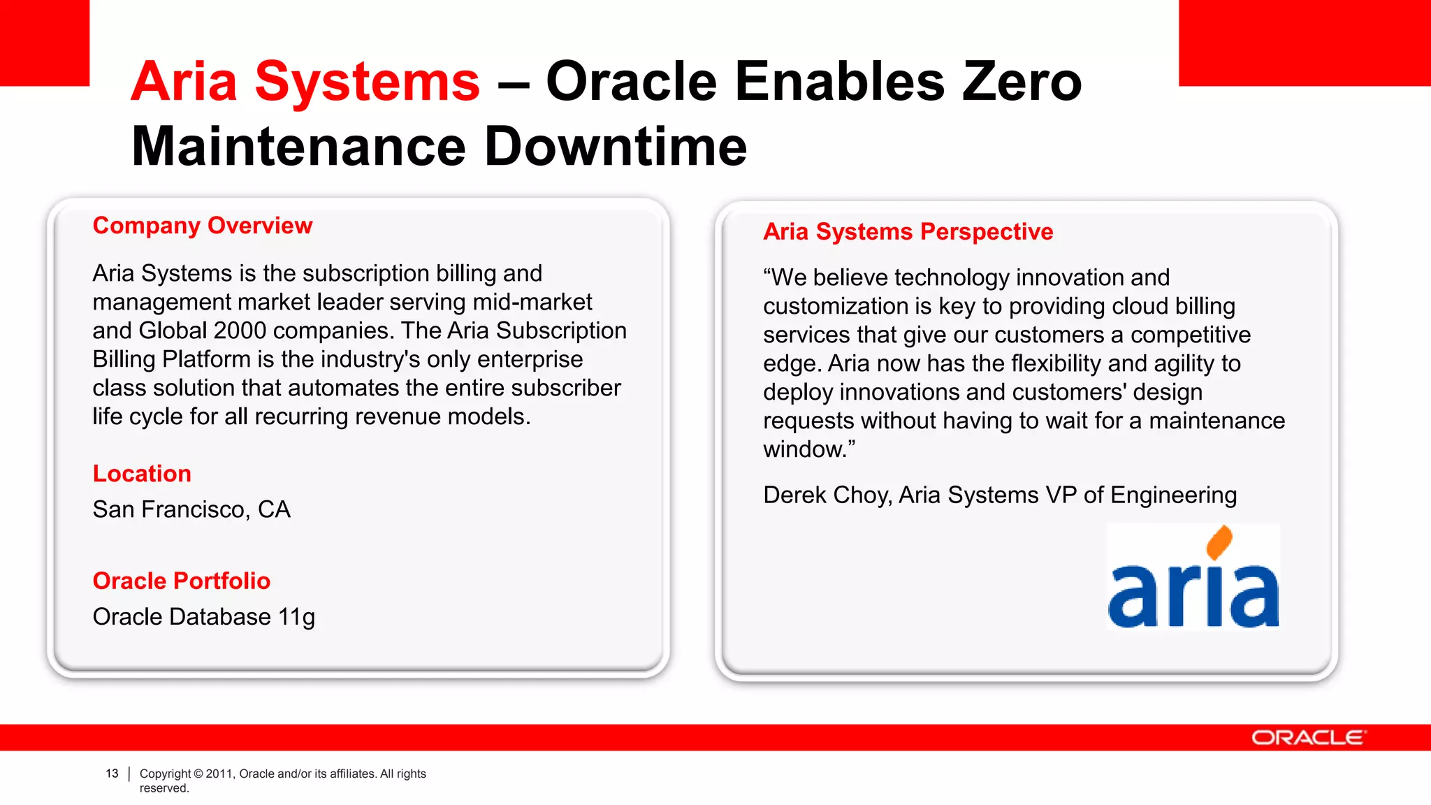 Aria Systems – Oracle Enables Zero
      Maintenance Downtime
Company Overview                                                   Aria Systems Perspective
Aria Systems is the subscription billing and                       “We believe technology innovation and
management market leader serving mid-market                        customization is key to providing cloud billing
and Global 2000 companies. The Aria Subscription                   services that give our customers a competitive
Billing Platform is the industry's only enterprise                 edge. Aria now has the flexibility and agility to
class solution that automates the entire subscriber                deploy innovations and customers' design
life cycle for all recurring revenue models.                       requests without having to wait for a maintenance
                                                                   window.”
Location
                                                                   Derek Choy, Aria Systems VP of Engineering
San Francisco, CA


Oracle Portfolio
Oracle Database 11g




 13   Copyright © 2011, Oracle and/or its affiliates. All rights
      reserved.
 