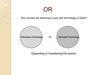 OR 
How schools are planning to cope with technology in Qatar? 
Information Technology OR Education Technology 
Expanding or broadening the search 
 